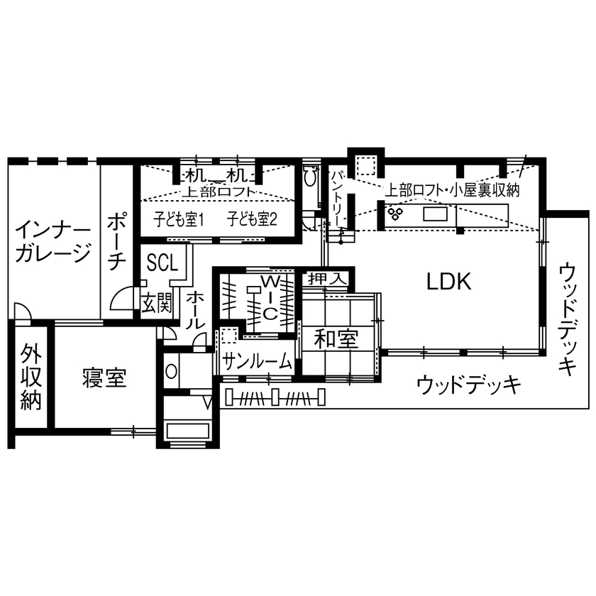 TENアーキテクツ一級建築士事務所 【建築士と建てた家＋平屋＋インナーガレージ】憧れの無垢材で建てた、土地の傾斜を活かした眺めのよい平屋の間取り図（3LDK）1階