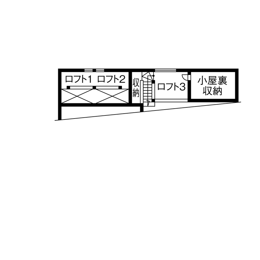 TENアーキテクツ一級建築士事務所 【建築士と建てた家＋平屋＋インナーガレージ】憧れの無垢材で建てた、土地の傾斜を活かした眺めのよい平屋の間取り図（3LDK）小屋裏