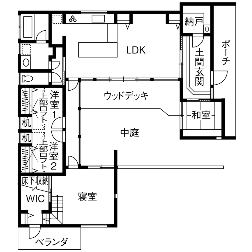 TENアーキテクツ一級建築士事務所 【建築士と建てた家×平屋×中庭】中庭をロの字のように囲んで周囲からの視線をカットする3LDK・約30坪の平屋の間取り図（3LDK）1階