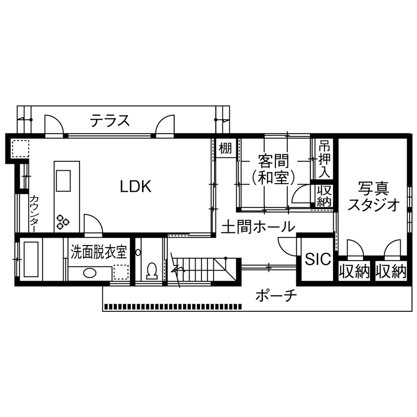 TENアーキテクツ一級建築士事務所 【建築士と建てた家×店舗併用×大開口×土間】写真スタジオを併設した大開口のパノラマウインドウのある家の間取り図（4LDK）1階