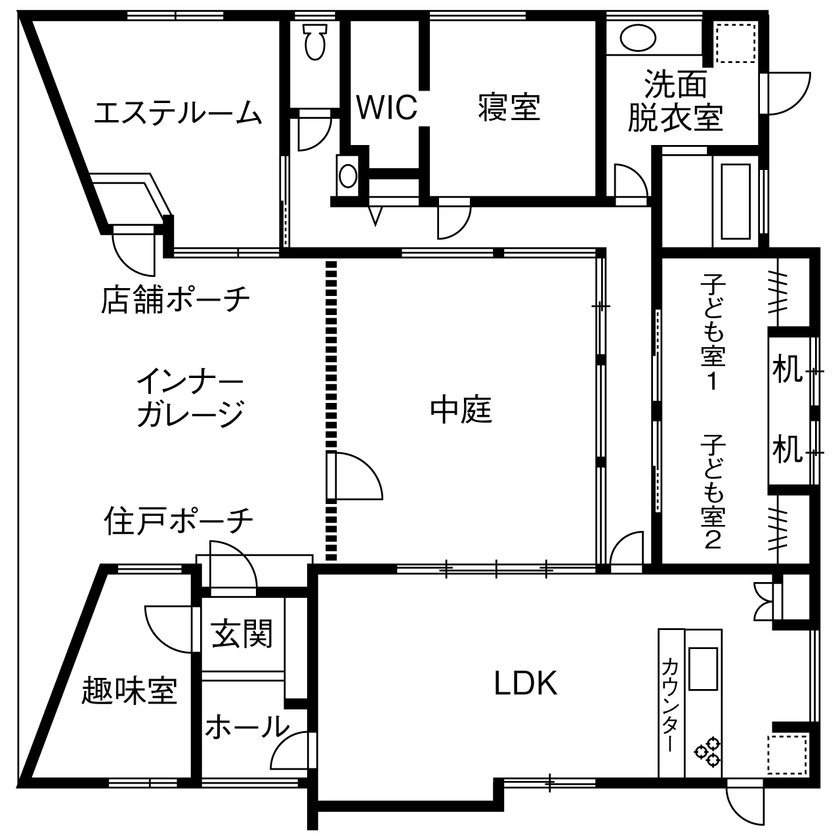 TENアーキテクツ一級建築士事務所 【建築士と建てた家×平屋×インナーガレージ×店舗併用】「ミュージアムみたい」と道行く人が二度見する家の間取り図（4LDK）1階