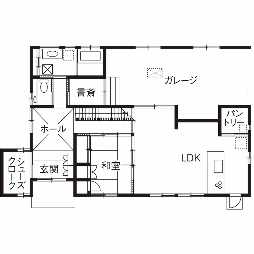 三上建設 【2500～3000万円|50坪台|間取り】リビングから愛車を楽しむ。将来も見据えた、ビルトインガレージ付きの家の間取り図（4LDK）1階