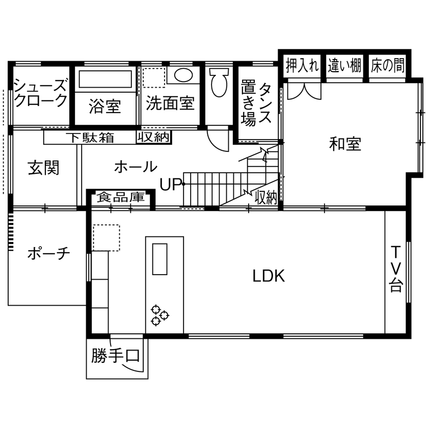 三上建設 【2000万円台|40坪台|間取り】収納、家事動線…毎日の暮らしをスッキリさせる工夫が満載。和の趣溢れる家の間取り図（4LDK＋小屋裏）1階