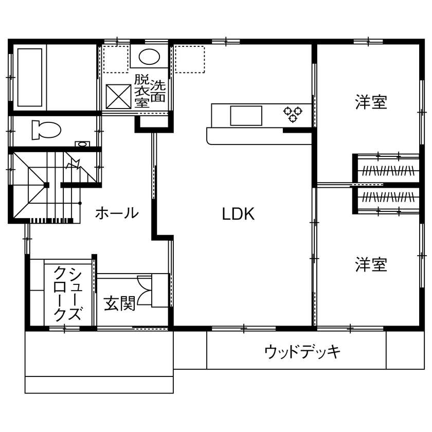 三上建設 【2000万円台|40坪台|間取り】子育てのしやすさ+二世帯それぞれが程よい距離間で過ごせる二世帯住宅の間取り図（5K以上）1階