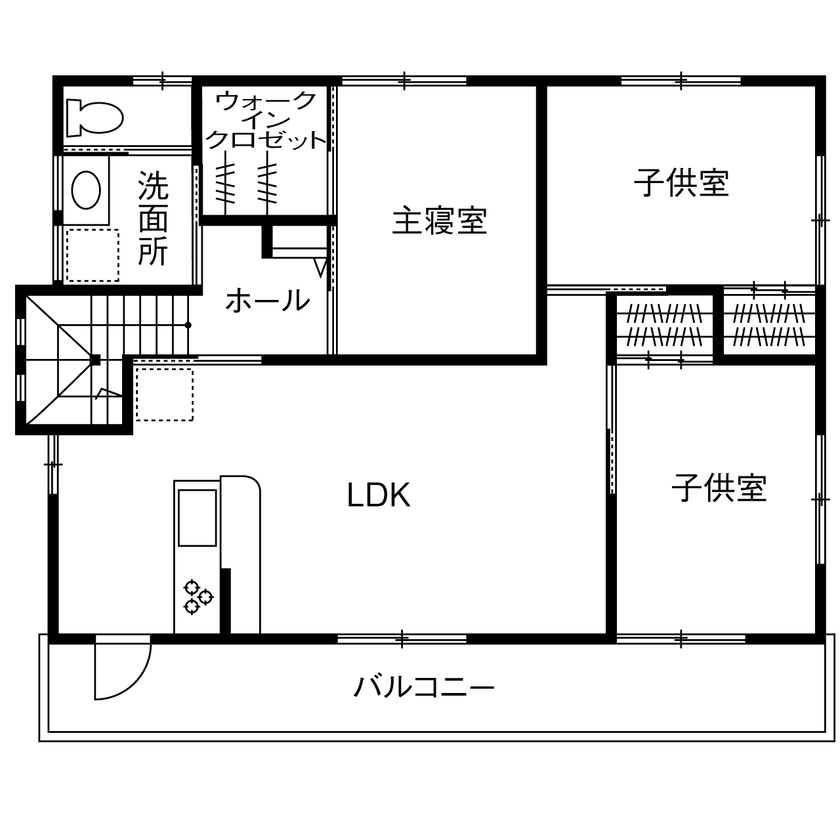 三上建設 【2000万円台|40坪台|間取り】子育てのしやすさ+二世帯それぞれが程よい距離間で過ごせる二世帯住宅の間取り図（5K以上）2階