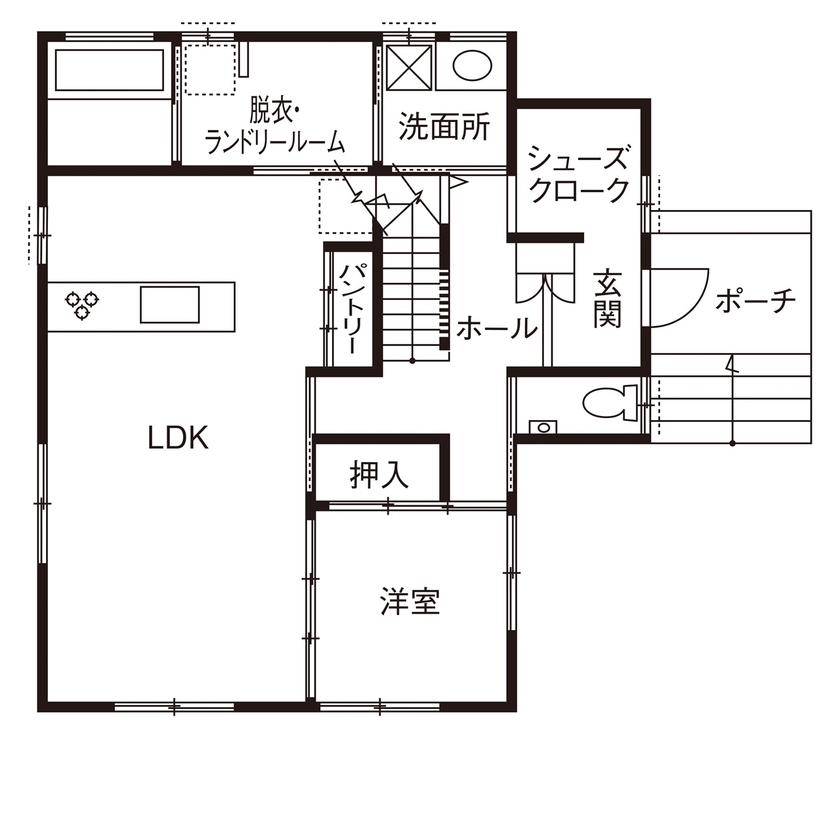 三上建設 【2000万円台|30坪台|間取り図有】ぐるっと回遊できる動線でストレスフリーな暮らしを叶えた住まいの間取り図（4LDK）1階