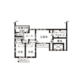 相馬建設 【ウッドデッキ付和モダン二世帯住宅】二世帯で暮らす上での動線や、将来も考えた間取り。【LIVIA】の間取り図（5K以上）２階