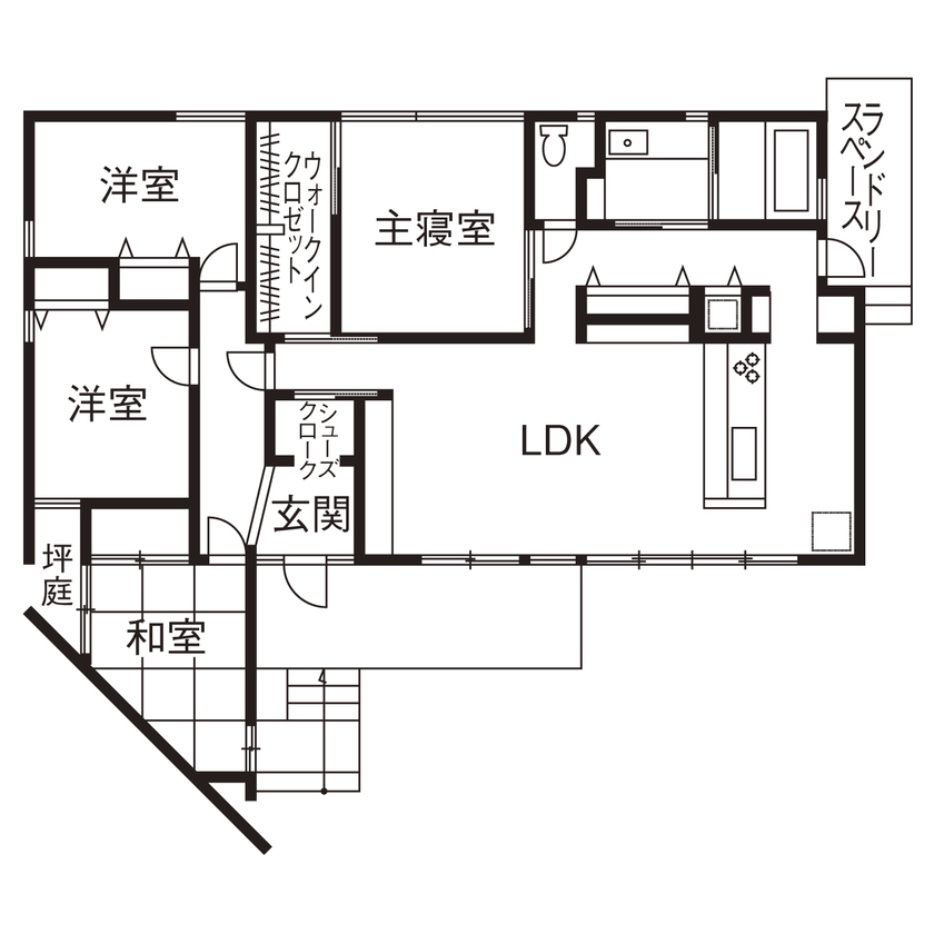 相馬建設 【愛西市｜2000万円台｜コンパクトな平屋】廊下を減らし31坪で4LDKを実現。家事ラク動線＆収納がお気に入りの間取り図（4LDK）１階
