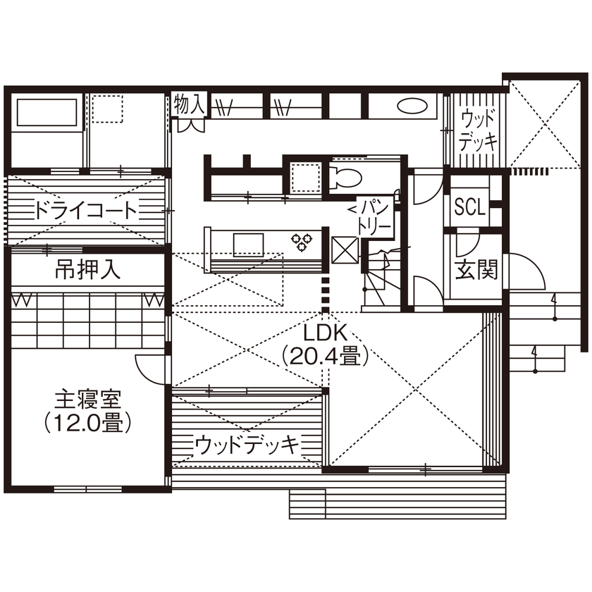 相馬建設 【間取図有｜2500～2999万円｜ウッドデッキ｜吹抜｜WIC】南国リゾートの別荘みたいな非日常感を楽しむ家の間取り図（3LDK＋書斎）1階