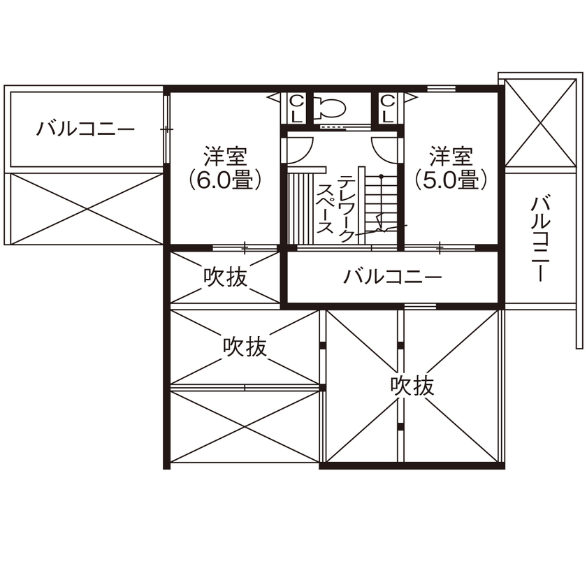 相馬建設 【間取図有｜2500～2999万円｜ウッドデッキ｜吹抜｜WIC】南国リゾートの別荘みたいな非日常感を楽しむ家の間取り図（3LDK＋書斎）2階