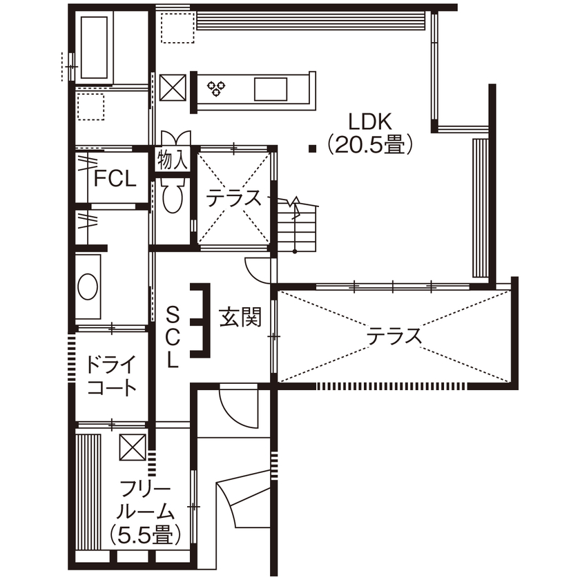 相馬建設 【間取図有｜2500万円～2999万円｜こだわりデザイン＆テラス】カフェ風のお洒落なLDKで友人たちとパーティの間取り図（4LDK）1階