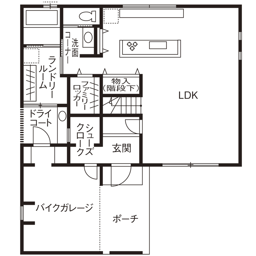 相馬建設 【愛知県｜2000万円台｜インナーガレージ｜間取り有】バイクガレージはアメリカン！収納充実＆家事ラクな家の間取り図（4LDK）１階