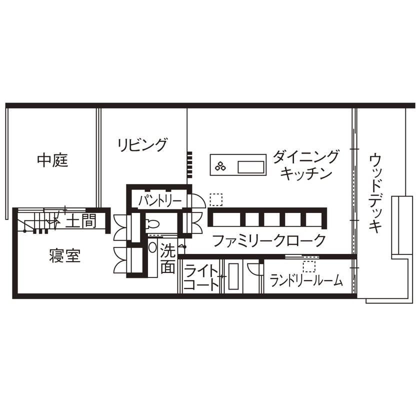 相馬建設 【愛知県｜2000万円台｜平屋＋α｜間取り有】玄関がない？！木・土間・コンクリートの建築家デザインの家の間取り図（3LDK）１階
