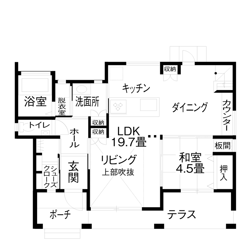 辰巳住宅 【間取り図あり/和室＋ホームシアター】洋風×吹き抜けのくつろぎ空間の間取り図（4LDK）1階