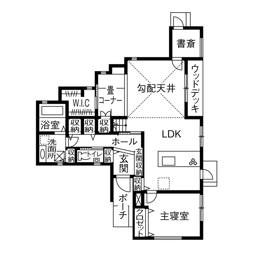 辰巳住宅 【平屋＋小屋裏＋ウッドデッキ】２２坪で楽しむ二人の平屋の間取り図（2LDK+小屋裏収納）1階