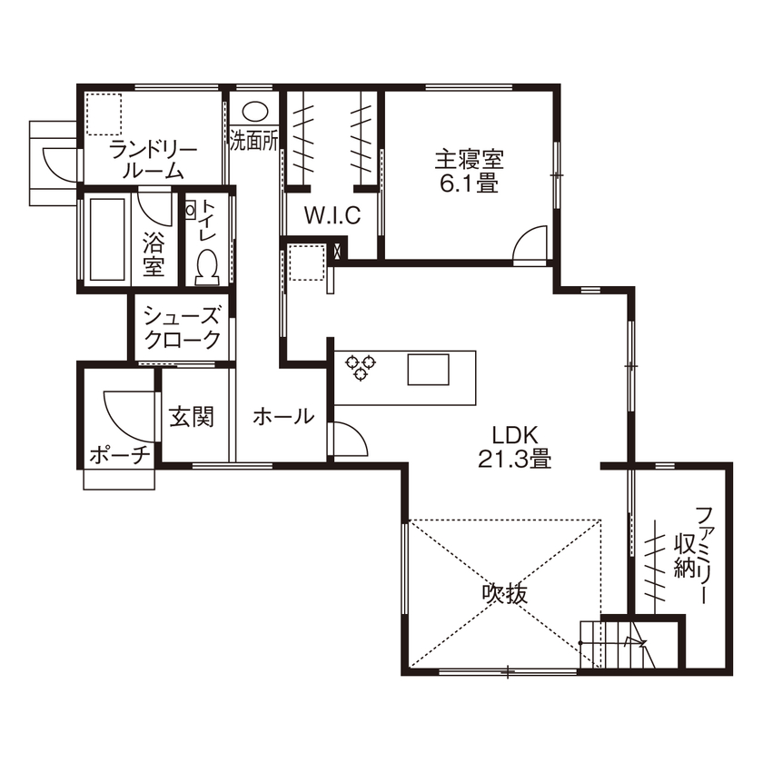 辰巳住宅 【間取り図有/ペットと暮らす】北欧スタイル×吹き抜けリビング×スキップフロア。スムーズ動線の家の間取り図（3LDK+スキップフロア）1階