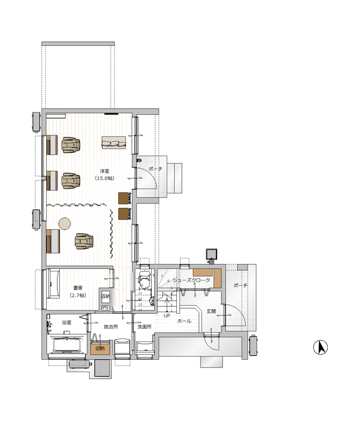 辰巳住宅 【美容室/2階リビング/間取り図有】愛猫・愛犬との暮らしを楽しめる店舗併用住宅の間取り図（2LDK　+　美容室）1階