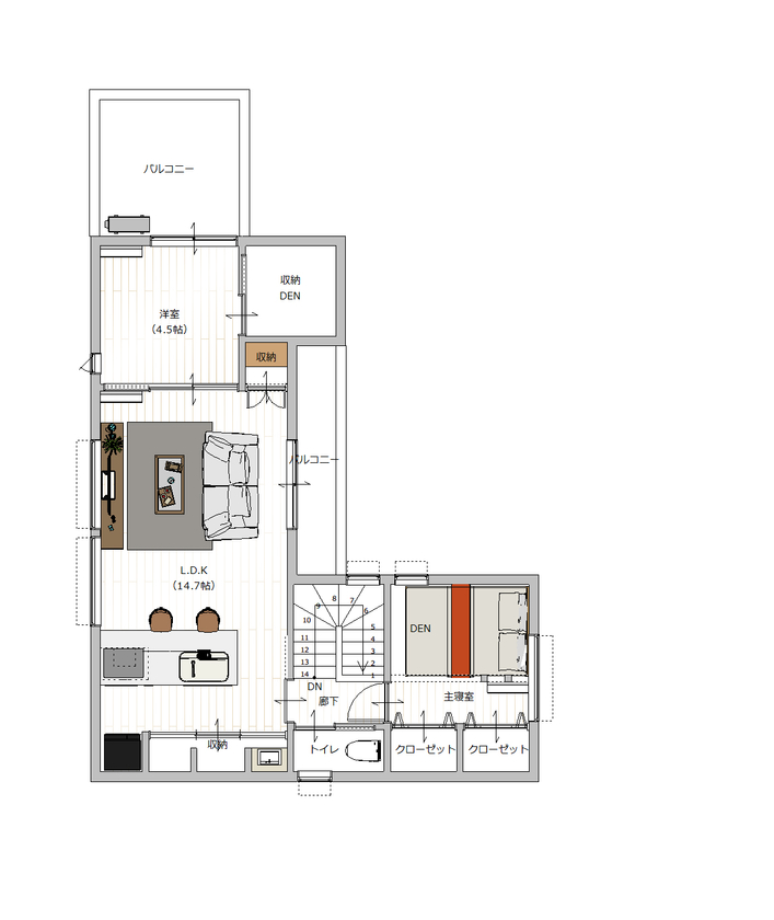 辰巳住宅 【美容室/2階リビング/間取り図有】愛猫・愛犬との暮らしを楽しめる店舗併用住宅の間取り図（2LDK　+　美容室）2階