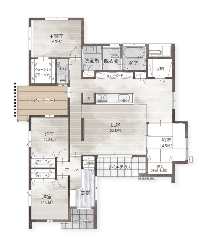 辰巳住宅 【平屋×31坪×間取り図有】ワンフロアで暮らすホテルライクな平屋の間取り図（4LDK）1階