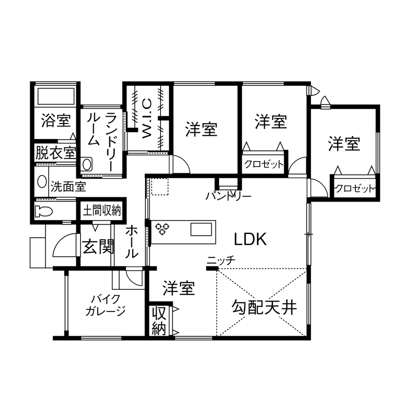 辰巳住宅 【ガレージ×平屋】こだわりの設備と空間で愛犬も快適な平屋の間取り図（4LDK）1階