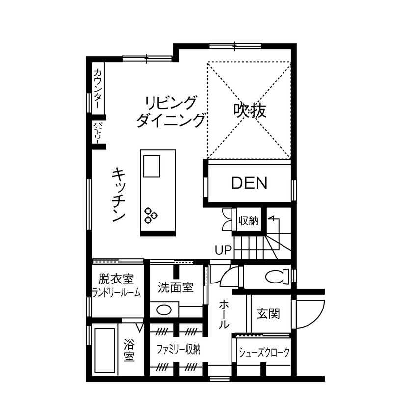 辰巳住宅 「キッズスペース＆ゲームルーム」暮らしを楽しむ家の間取り図（３LDK+DEN）１階