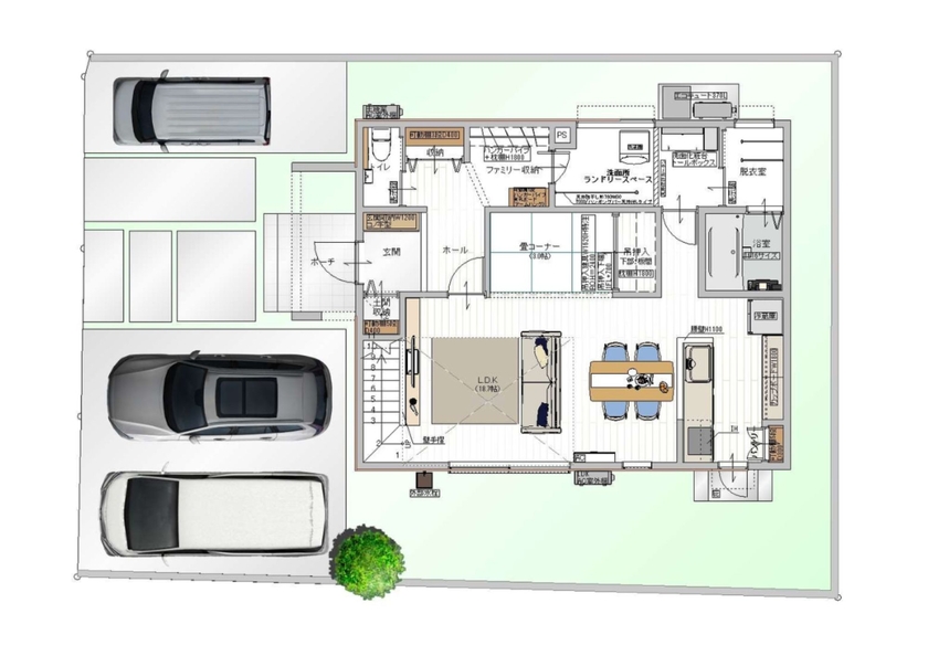 辰巳住宅 【木の温もり感じる ホワイトナチュラルハウス】間取り図有/ランドリールーム/DENの間取り図（３LDK+DEN）１階