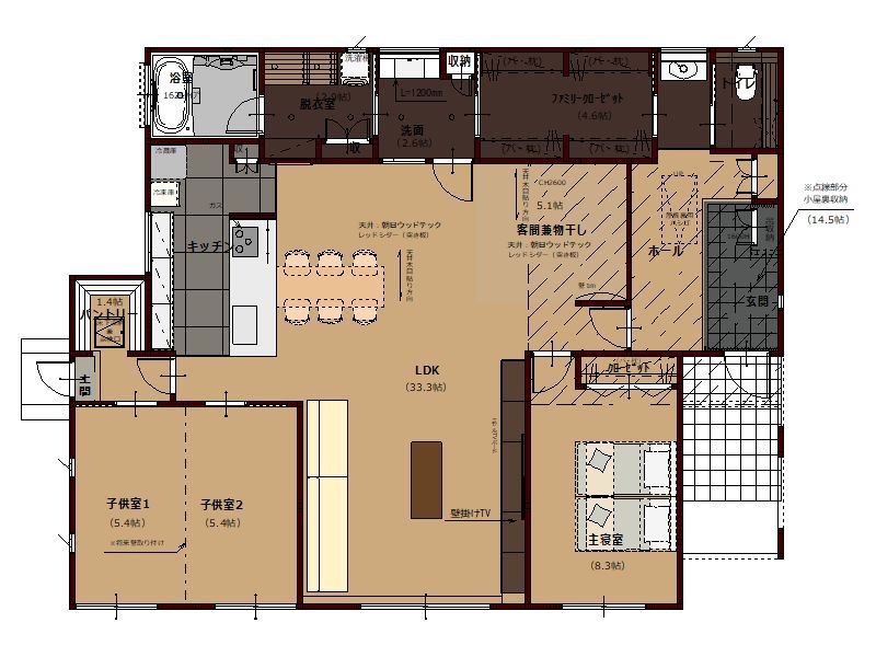 パナソニックビルダーズグループ　芙蓉ホーム 【2000万円台/大空間LDK/3LDK+小屋裏収納14.5帖/平屋/43.9坪/天井レッドシダー】の間取り図（3LDK+小屋裏収納）1階
