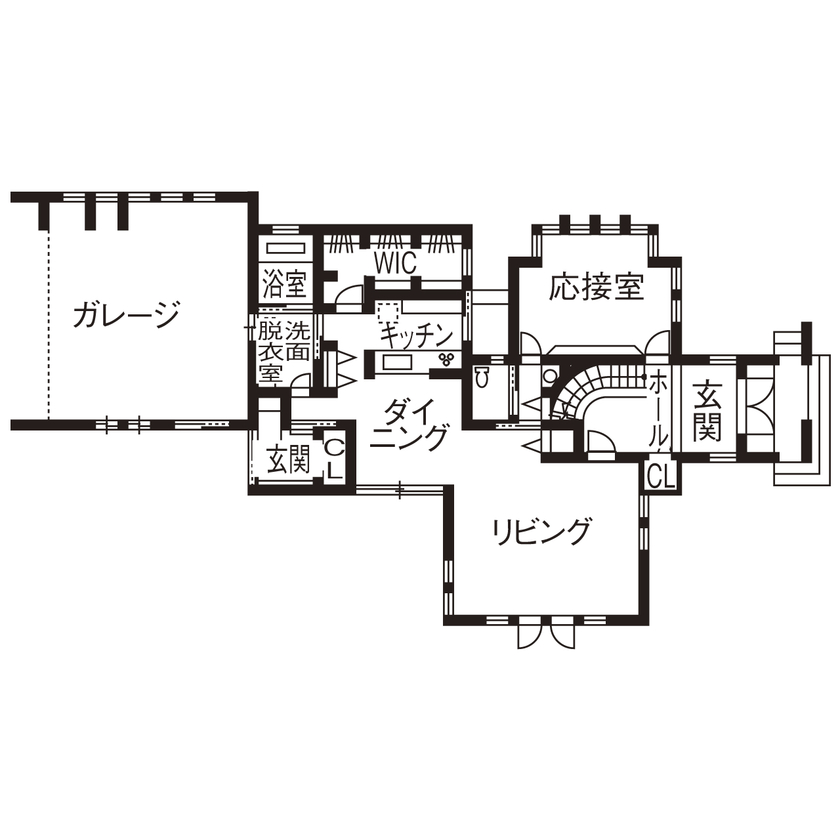 ロイヤルウッド 【62坪×螺旋階段×ガレージ｜間取り有】ご近所の噂になる外観。「サブ玄関で動線短縮。子育てがラクです」の間取り図（5LDK＋２WIC）1階