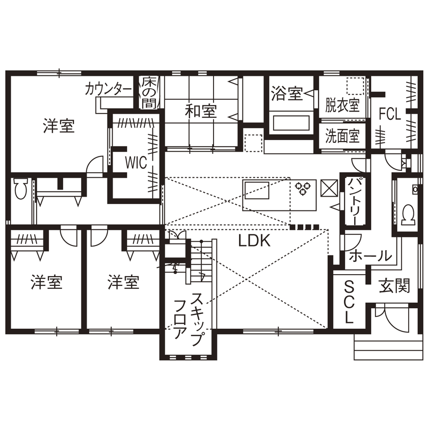 ロイヤルウッド 【40坪×平屋×ロフト｜間取り有】20年先の家族にも似合う、モダンな平屋。スキップフロアで収納力と遊び心の間取り図（4LDK＋2WIC＋ロフト）1階