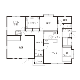 間中工務店 【2000万円台・間取り図有・自然素材系】木の心地良さが気持ちいい。女性目線の使いやすさが光る平屋＋αの家の間取り図（4LDK）１階