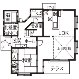 間中工務店 【2000万円台・間取図有】じっくりと耳を傾けて施主の理想を形にする。家事がラクで将来を見越した自然を感じる家の間取り図（4LDK）1階