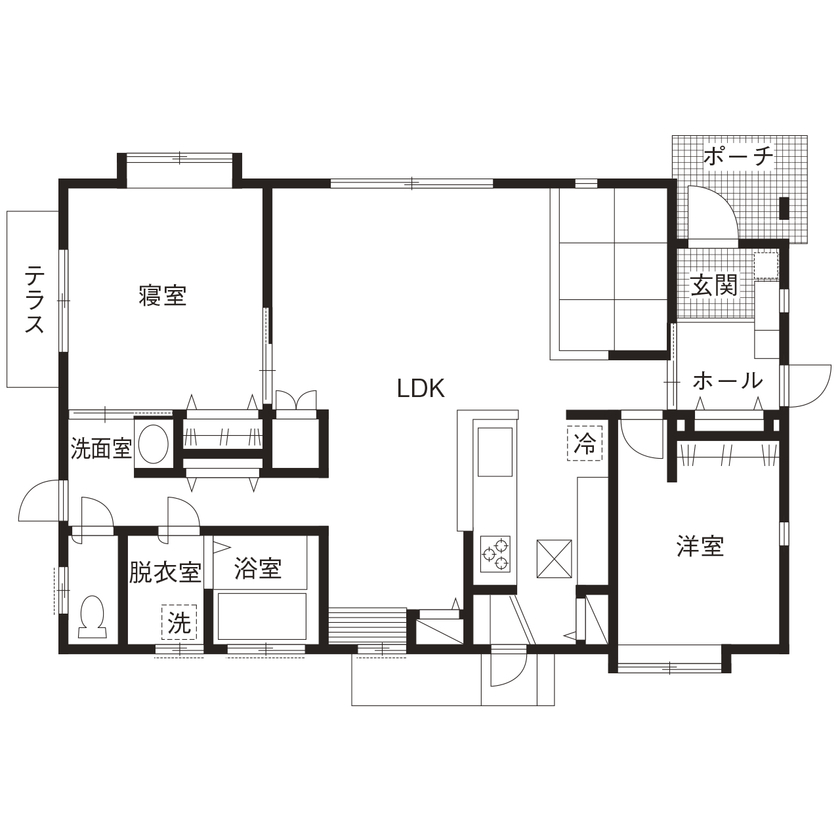 間中工務店 開放感が心地よい、光溢れるLDK。広々とした空間に、家族が集まる過ごしやすい平屋の間取り図（2LDK）1階