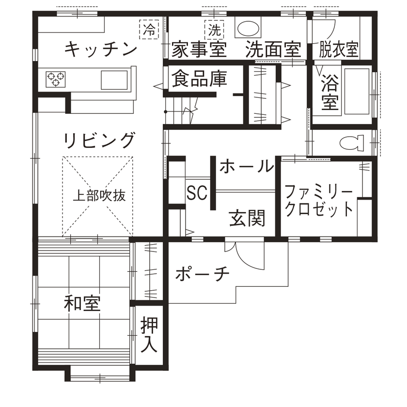 間中工務店 吹き抜けに渡した迫力ある梁が印象的！木の温もり溢れる、先を見据えた子育てしやすい住まいの間取り図（4LDK）1階