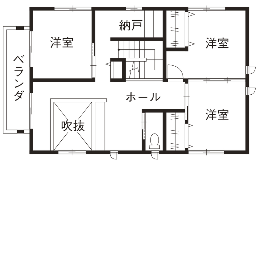 間中工務店 吹き抜けに渡した迫力ある梁が印象的！木の温もり溢れる、先を見据えた子育てしやすい住まいの間取り図（4LDK）2階