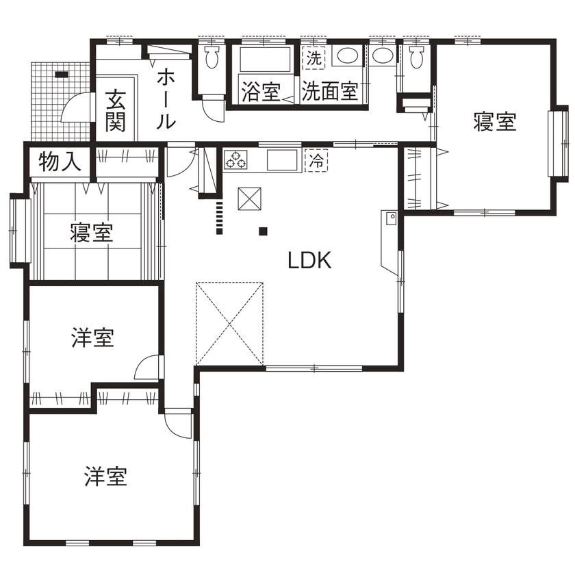 間中工務店 程よい距離感で、家族の絆が深まる二世帯住宅。リズミカルなデザインが目を引く平屋の住まいの間取り図（4LDK）1階