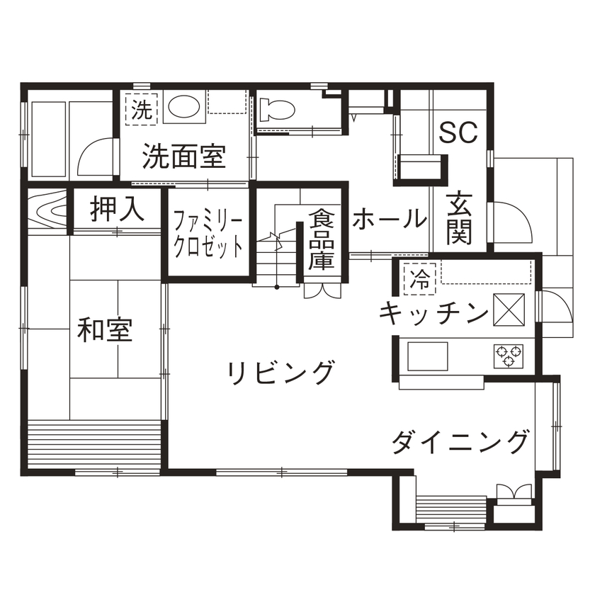 間中工務店 考え抜かれた動線が暮らしを快適にする！随所に配した無垢材が心地よく、機能的で家事ラクな住まいの間取り図（5K以上）1階