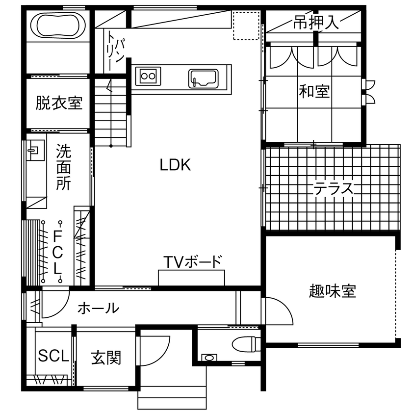 アントール 【3000万円～3499万円／ビルトインガレージ／間取図】心地よいデザインの住まいで、趣味をとことん楽しむの間取り図（4LDK+趣味室+WIC）1階