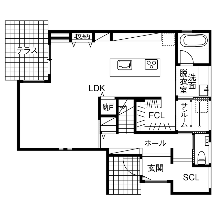 アントール 【3000万円～3499万円／テラス／収納充実／間取図】レッドシダーの板張り天井が最高！木の温もり溢れる家の間取り図（3LDK+フリースペース）1階