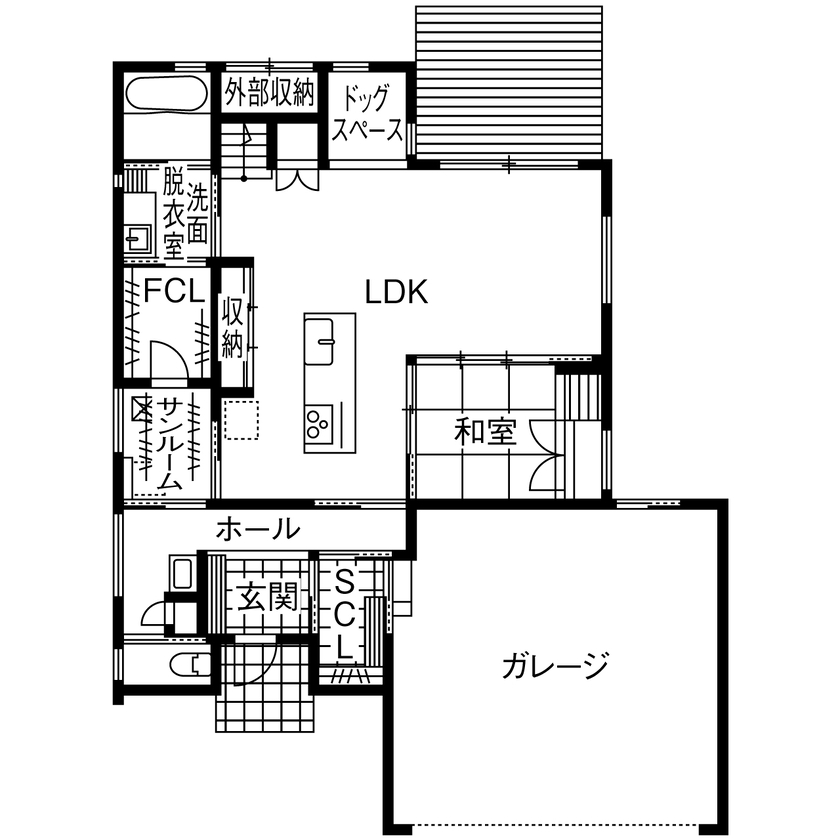 アントール 【3500万円～3999万円／ペット／ビルトインガレージ／間取図】スキップフロアとサンクンリビングが魅力の家の間取り図（3LDK+書斎）１階