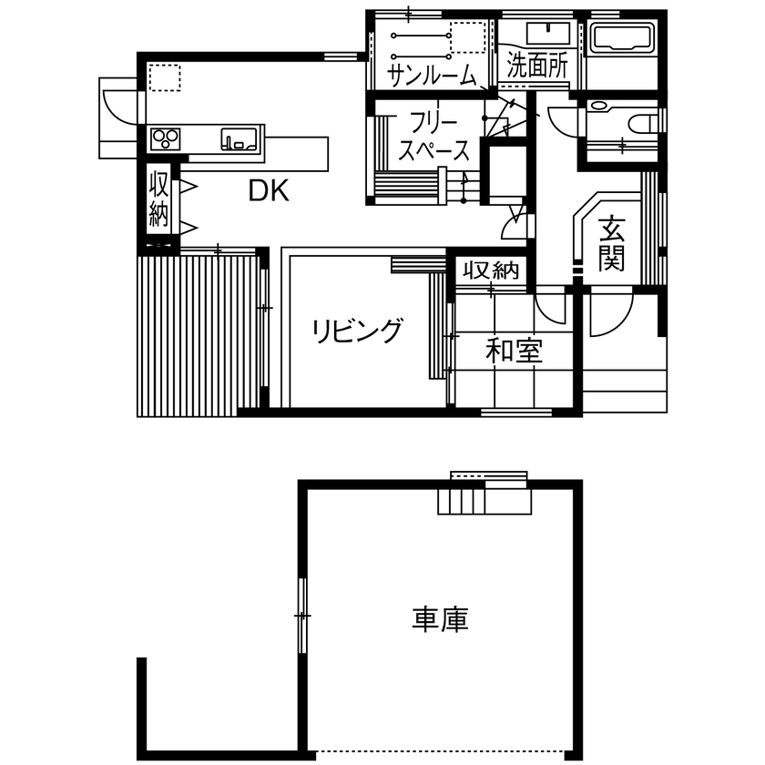 アントール 【2000万円～2499万円／ビルトインガレージ／間取図】リズム感ある空間を楽しむ。ダウンリビングのある家の間取り図（4LDK+小屋裏収納）1階
