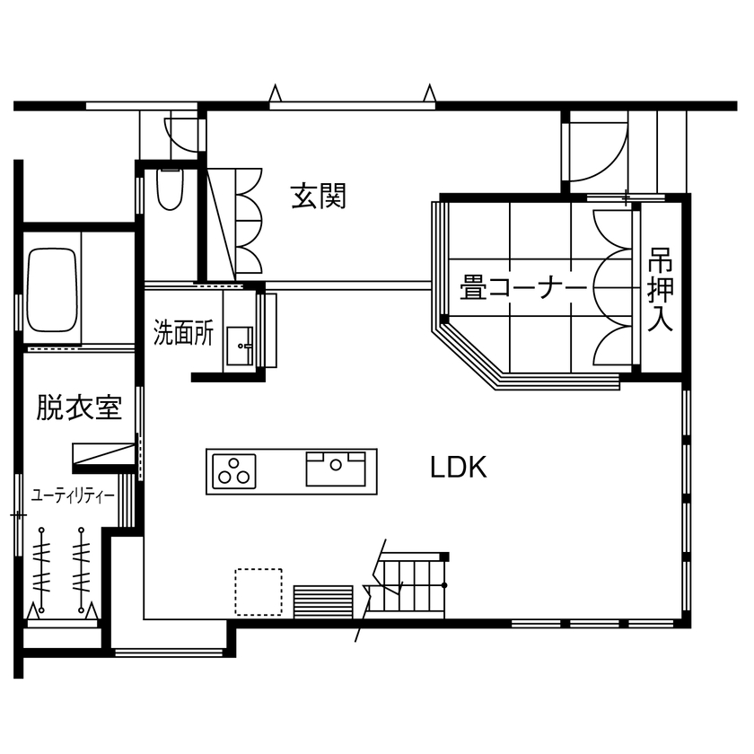 アントール 【2500万円～2999万円／吹抜／土間／間取図】玄関に入ると広い土間とLDKが広がる、開放感たっぷりの住まいの間取り図（3LDK+畳コーナー+WIC）1階