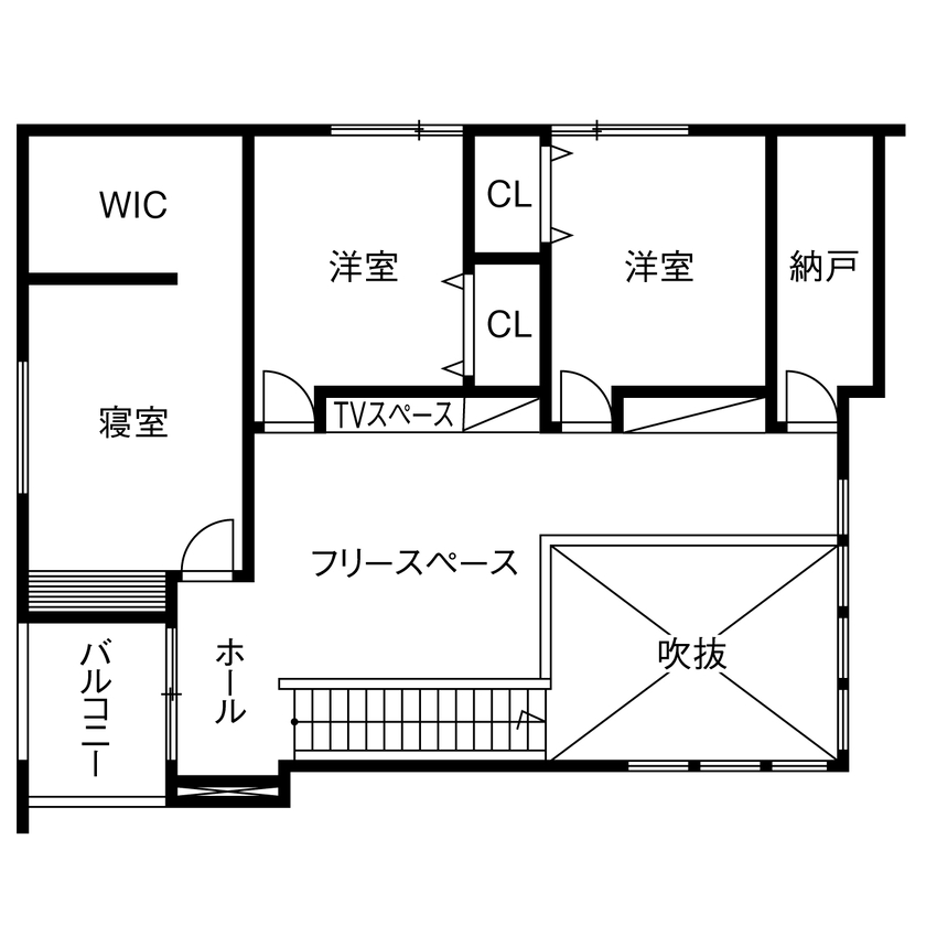 アントール 【2500万円～2999万円／吹抜／土間／間取図】玄関に入ると広い土間とLDKが広がる、開放感たっぷりの住まいの間取り図（3LDK+畳コーナー+WIC）2階