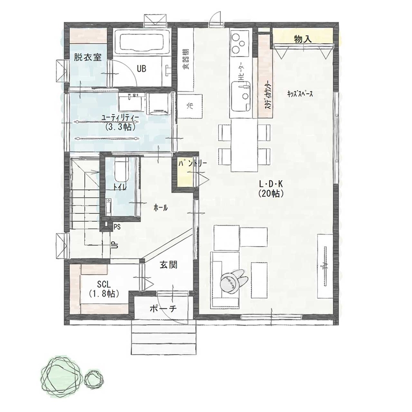 アントール 【2000万円～2499万円／4LDK+フリースペース／家事動線／間取り図】家族が集うシンプルで心地よい住まいの間取り図（4LDK+フリースペース）1階