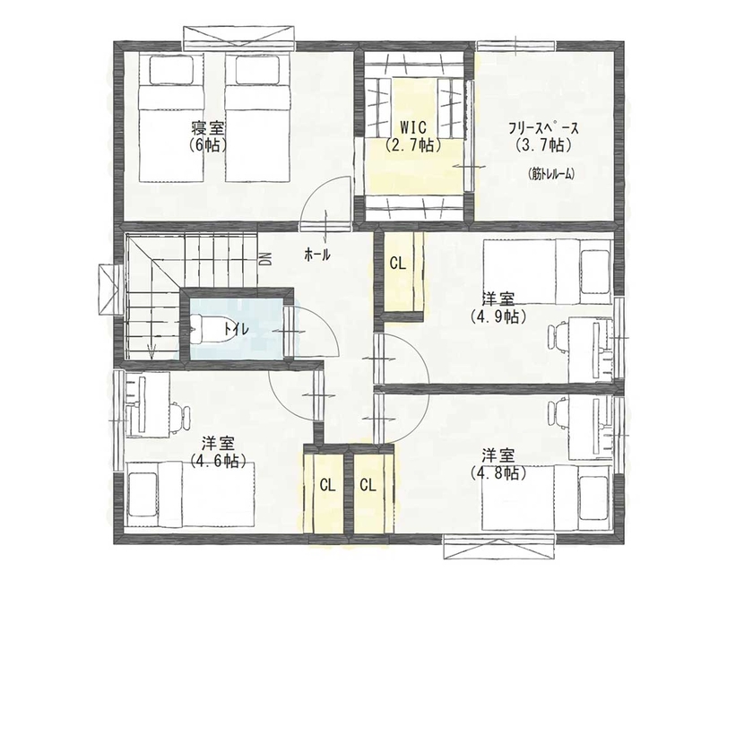アントール 【2000万円～2499万円／4LDK+フリースペース／家事動線／間取り図】家族が集うシンプルで心地よい住まいの間取り図（4LDK+フリースペース）2階