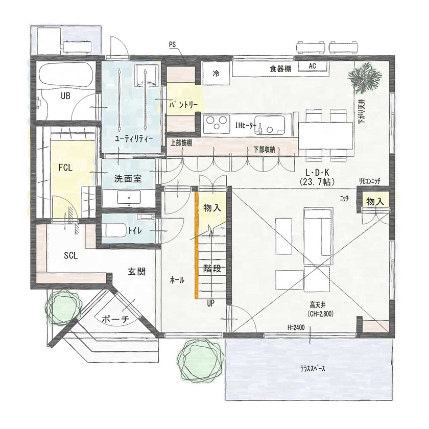 アントール 【2500万円～2999万円／家事動線／土間／間取り図】自然光がたっぷりと注ぎ込む居心地の良い住まいの間取り図（3LDK）1階