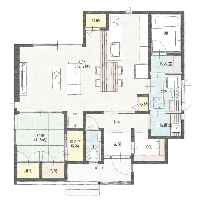 アントール 【2500万円～2999万円／和モダン／間取図】格子天井のリビングは、高級感と特別感が漂う空間の間取り図（4LDK＋和室）1階