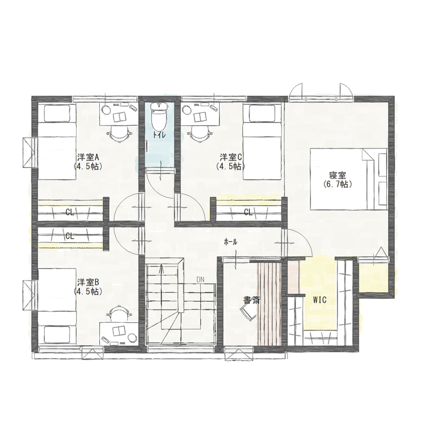 アントール 【2500万円～2999万円／和モダン／間取図】格子天井のリビングは、高級感と特別感が漂う空間の間取り図（4LDK＋和室）2階
