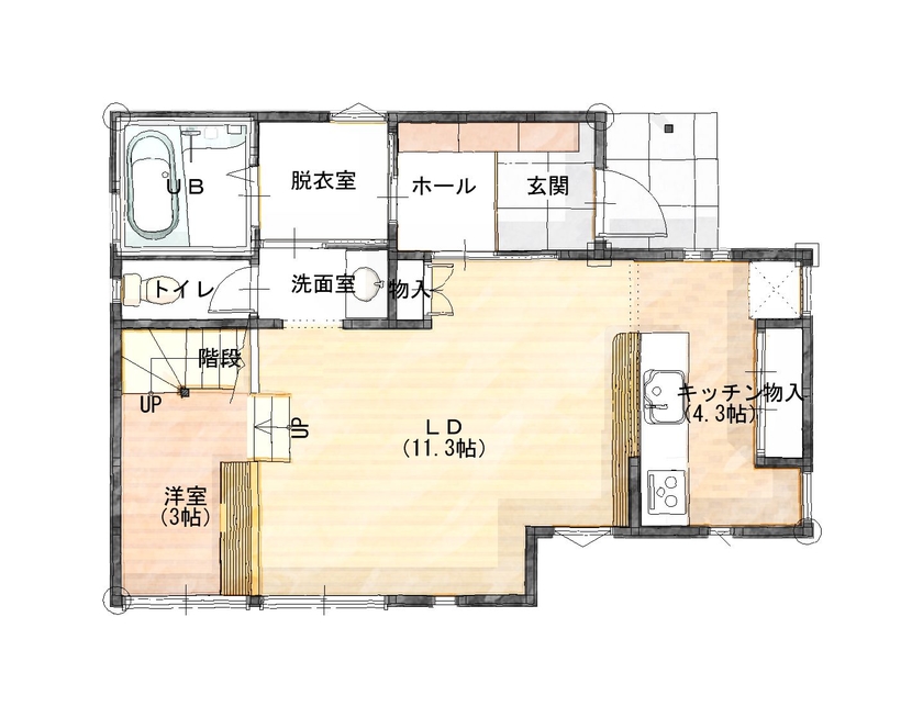 木のすまい工房 【2000万円台｜30坪｜スキップフロア】自分たちの想いを散りばめた、約30坪の家＜間取り図有＞の間取り図（4LDK）１階