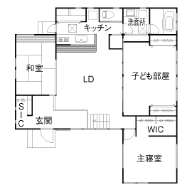 木のすまい工房 【2000万円台｜38坪｜平屋｜勾配天井】子どもたちが元気に走り回る和モダンのロフト付き平屋＜間取り図有＞の間取り図（3LDK）1階