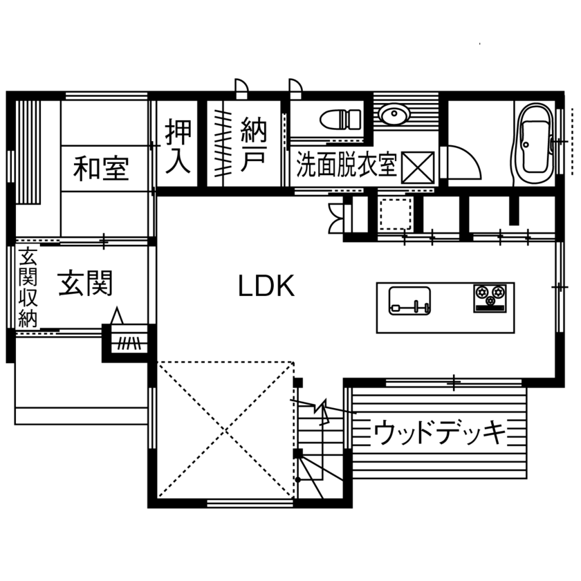 木のすまい工房 【2000万円台｜33坪｜無垢｜吹き抜け】毎日の家事や掃除がラクに！共働きの暮らしを快適に＜間取り図有＞の間取り図（3LDK）1階